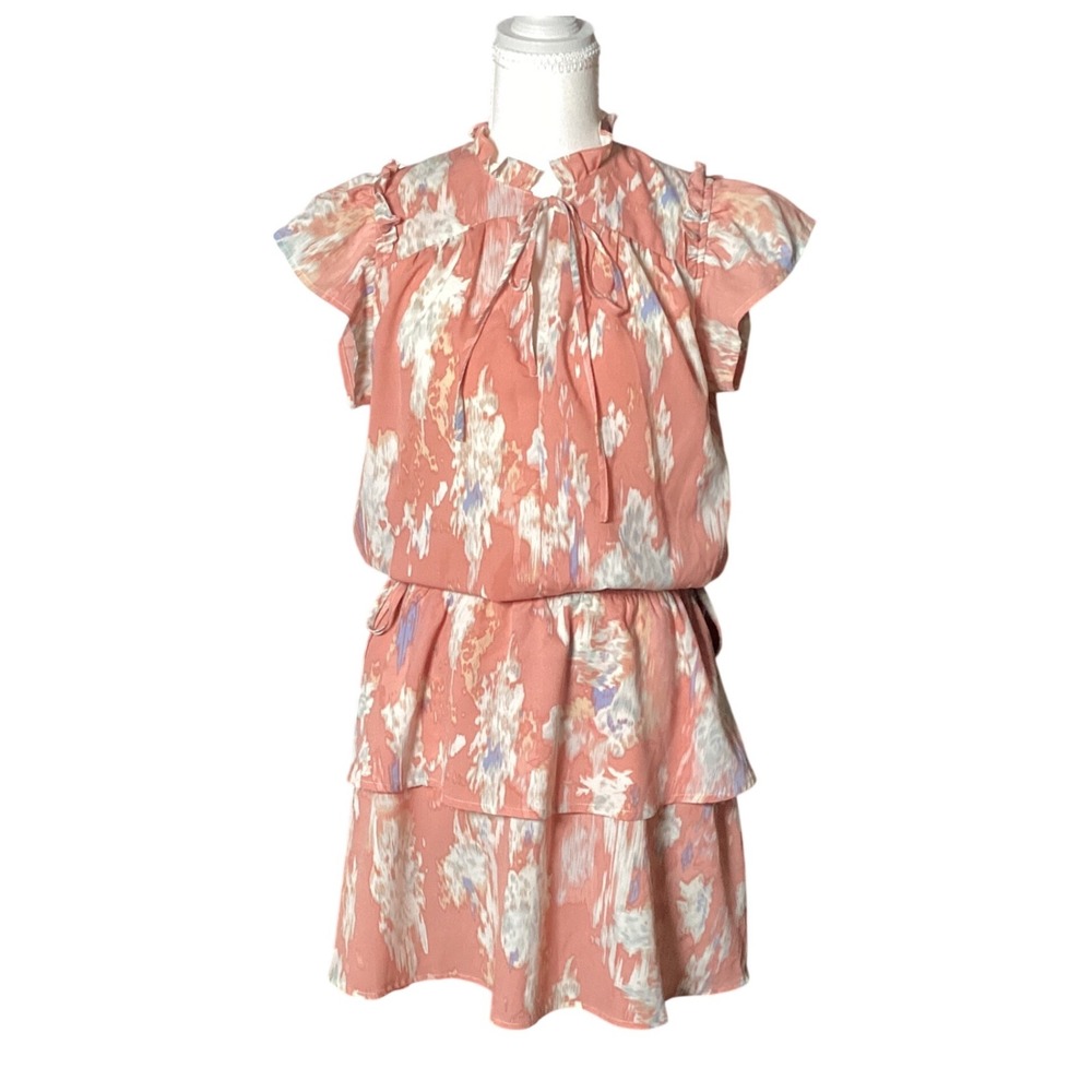 PINCH Ruffle Tiered Mini Dress Womens Small Coral Abstract Boho Summer Flutter